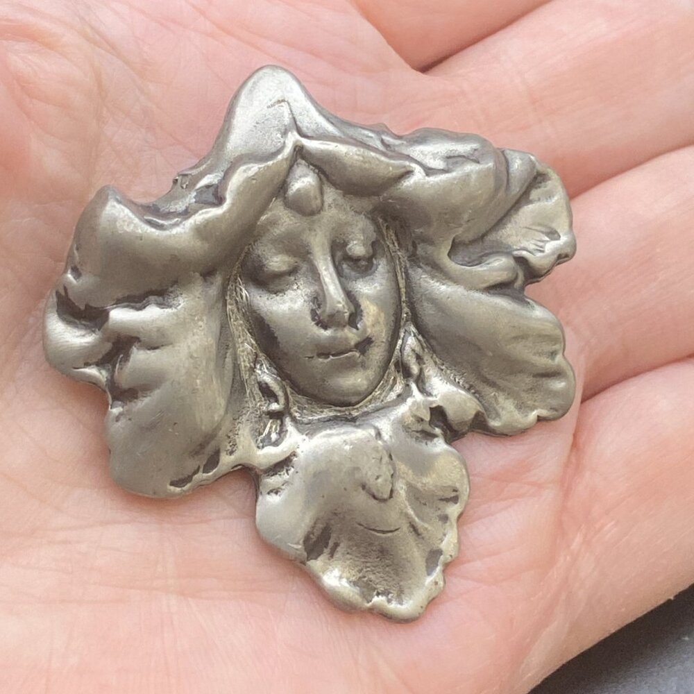 Art Nouveau Brooch Pendant Fine Pewter Signed Hudson Orchid Lady Victorian Style - Picture 7 of 10